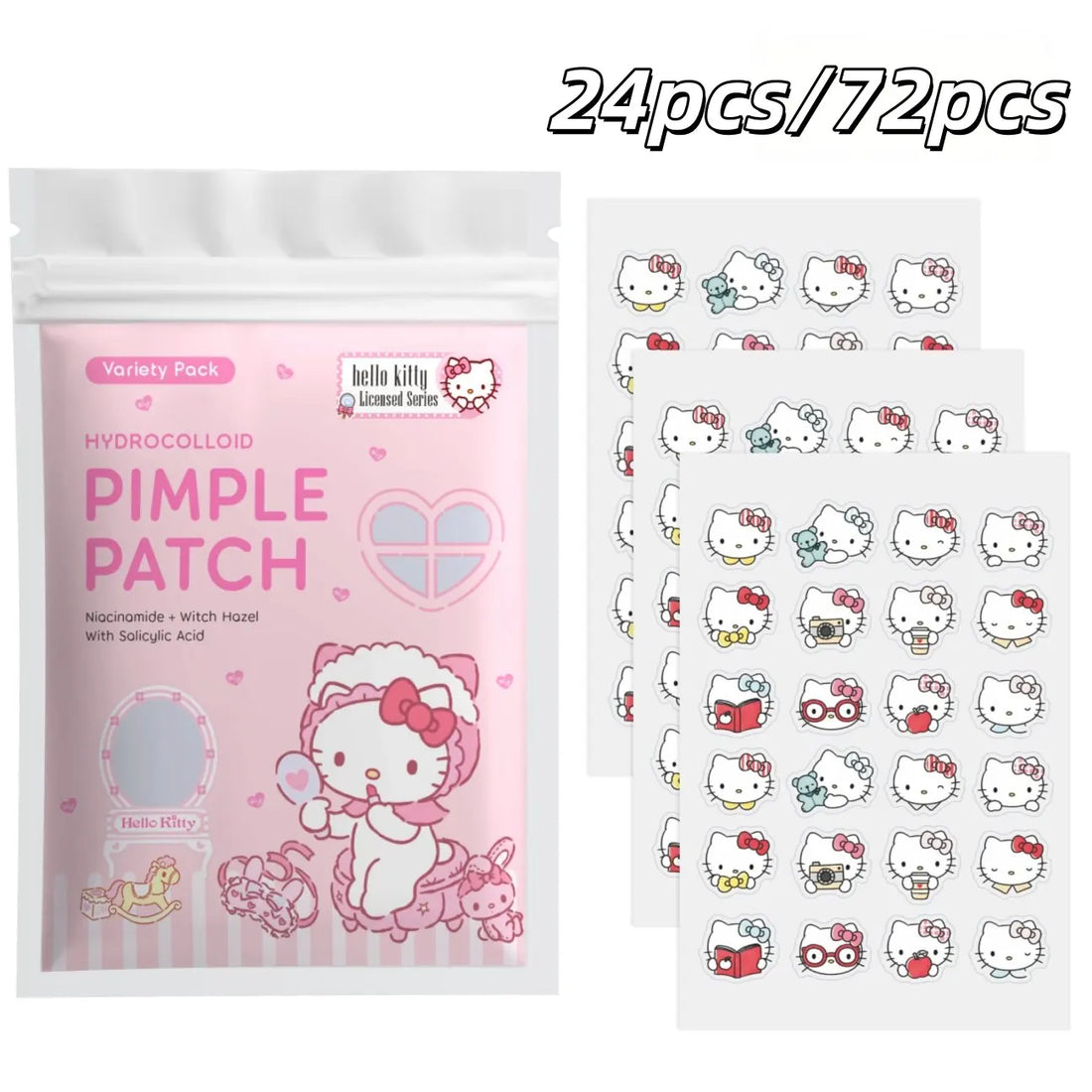 24/72pcs Hello Kitty Hydrocolloid Pimple Patches, Cute Cartoon Acne Spot Stickers, Variety Pack Invisible Blemish Cover,